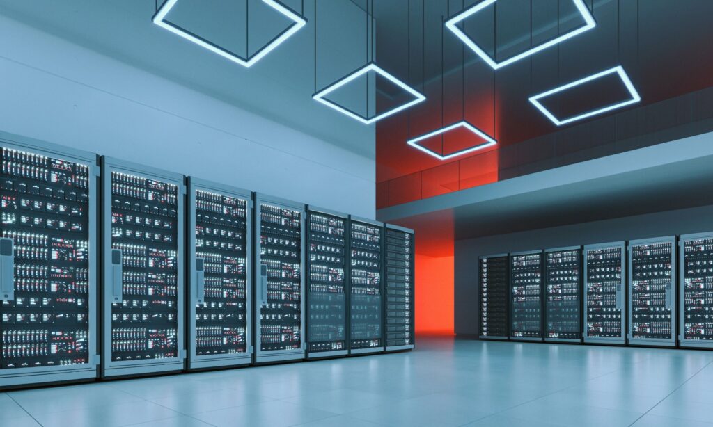 Server farm in a modern data center with clean surfaces, night time