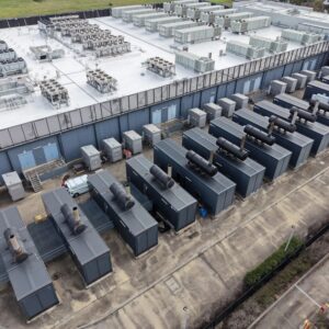 Data center with server infrastructure and backup power generators